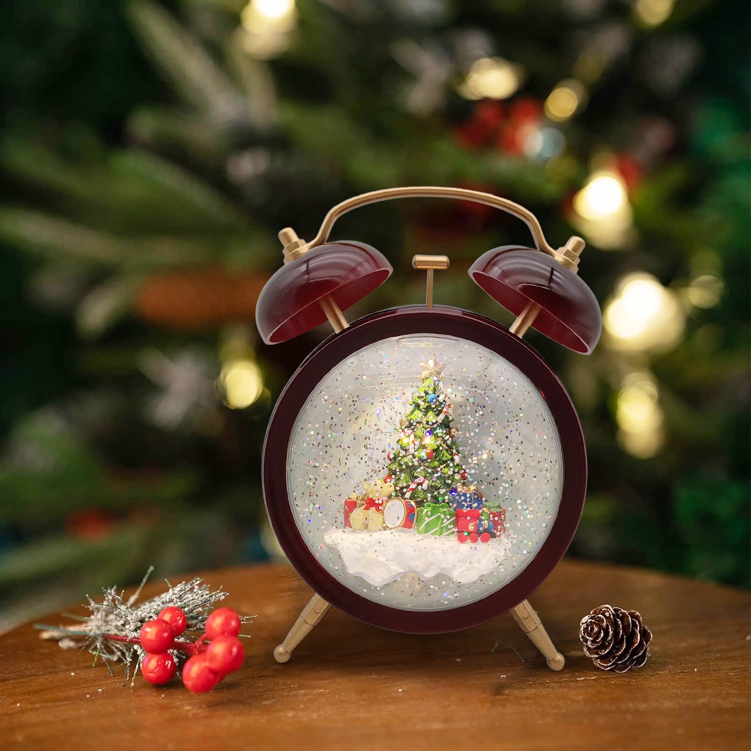 Christmas Alarm Clock Style Glitter Snow Globe Snowman and Snowkids with  Gifts and Christmas Tree Happy Holidays